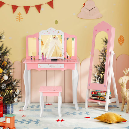 Costzon Kids Vanity & Jewelry Armoire Cabinet, Kids Makeup Vanity Table and Chair Set