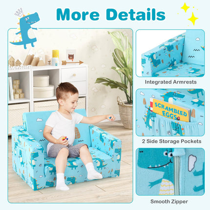 Costzon Kids Sofa, 2 in 1 Flip Open Couch w/Sturdy Sponge Construction, Velvet Fabric, Storage Pockets, Toddler(Crocodile)