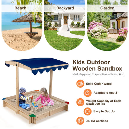 Costzon Kids Wooden Sandbox with Canopy, Square Cabana Sandbox with Ground Liner