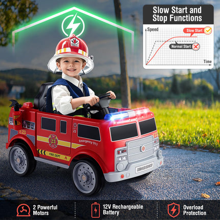 Costzon Kids Ride on Fire Truck, 12V Battery Powered Fire Car w/Remote Control, Extinguisher