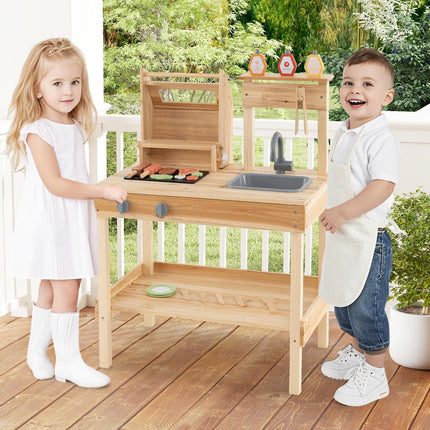 Costzon Kids Grill Playset, Wooden Kids BBQ Grill Playset with Play Food（With Shelf）