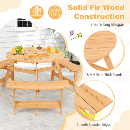 Costzon 6 Person Kids Picnic Table, Fir Wood Round Picnic Table with 3 Built-in Benches