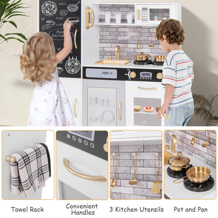 Costzon Play Kitchen for Kids, Wooden Toy Kitchen Set with Stoves, Microwave, Blackboard, Water Dispenser, Telephone