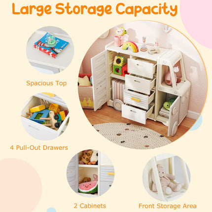 Costzon Kids Toy Storage Organizer w/ 4 Pull-Out Drawers Enclosed Cabinets & Drawing Board