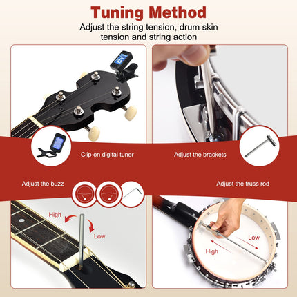 Costzon 5 String Banjo 24 Bracket with Geared 5th Tuner and Mid range Closed Handle