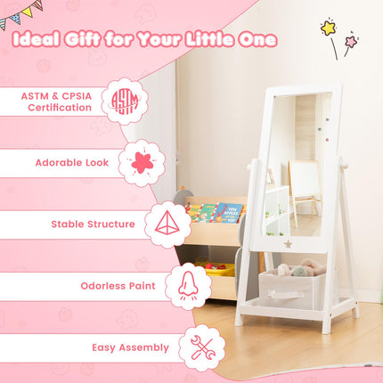 Costzon Kids Full Length Mirror, Princess Floor Free Standing Mirror w/Storage Shelf & Basket (White)