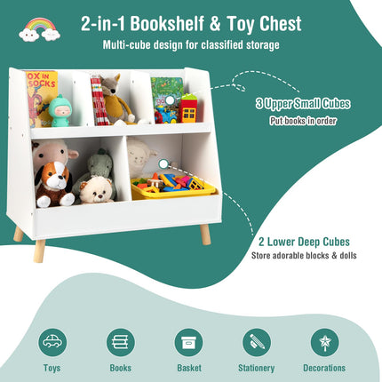 Costzon Toy Organizers and Storage with Bookshelf, 5 Cubbies Wooden Toy Cabinet and Montessori Bookcase w/Solid Legs