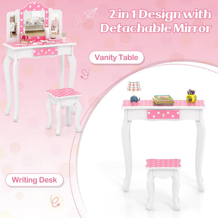 Costzon Kids Vanity, Girls Vanity Set with Mirror and Stool