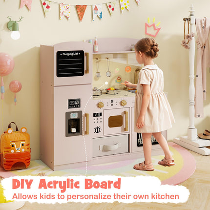 Costzon Kids Kitchen Playset, Wooden Pretend Play Kitchen with Lights and Sounds, Microwave