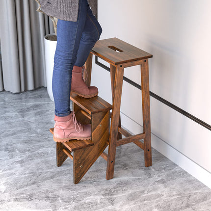 Costzon Folding Step Stool 3 Tier Wood Ladder, 3-in-1 Design with Ladder, Multifunction Pine Wood Foldable Ladder