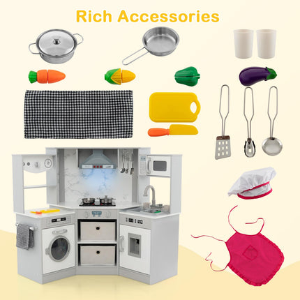 Costzon Kids Corner Kitchen Playset, Wooden Play Kitchen, Little Chef Pretend Cooking Toy for Toddlers 3+