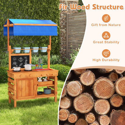 Costzon Mud Kitchen, Fir Wood Kids Kitchen Playset with Adjustable Canopy