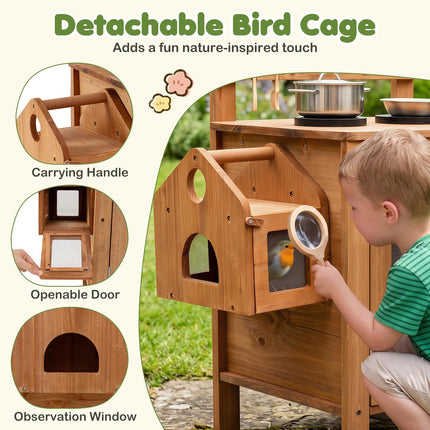 Costzon Solid Wood Toddler Play Kitchen w/Detachable Bird Cage | Outdoor Mud Kitchen for Kids