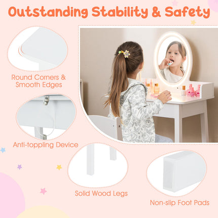 Costzon Kids Vanity, Girls Vanity Set with Mirror and Stool and Lights, 2 in 1 Wooden Princess Makeup Desk Dressing Table