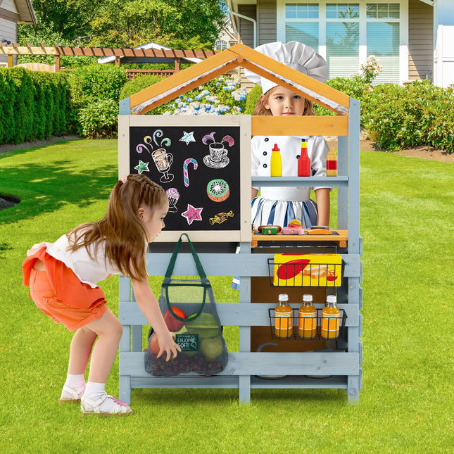 Costzon Mud Kitchen, 3-in-1 Double-Sided Kids Kitchen, BBQ Grill & Grocery Playset with Sink, Faucet