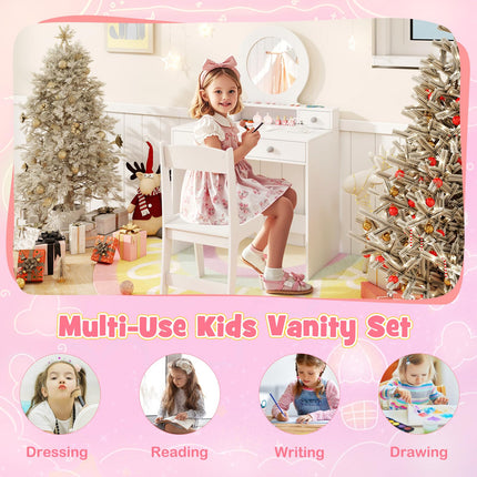 Costzon Kids Vanity, Princess Makeup Dressing Desk with Mirror and Stool, 4 Storage Drawers
