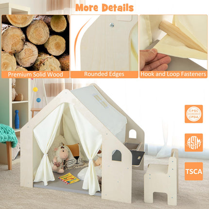 Costzon 6-in-1 Kids Tent, Large Wooden Frame Playhouse with Table and Chair Set