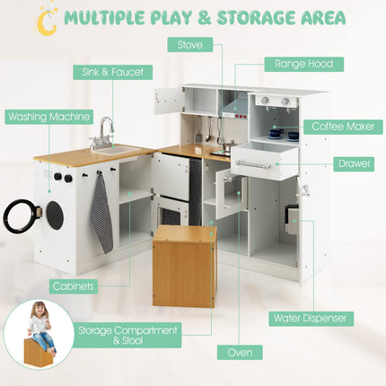 Costzon Kids Corner Kitchen Playset, Wooden Pretend Play Kitchen Toy Set