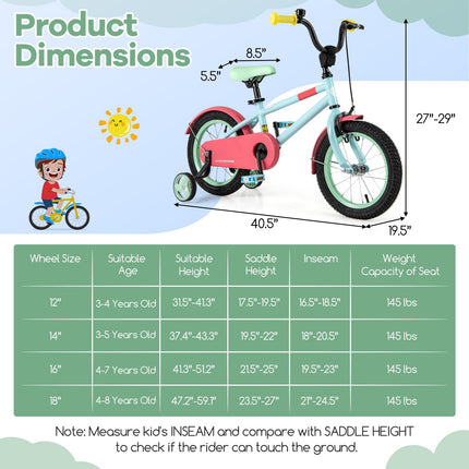 BABY JOY Colorful Macarons Kids Bike, 14 Inch Sporty Children's Bicycle with Training Wheels