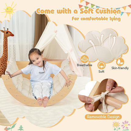 Costzon Kids Wooden Arch Rocker with Cushion, 6-in-1 Montessori Climbing Toys for Toddlers, Children Indoor Sensory Table