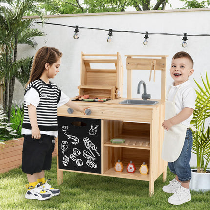 Costzon Kids Grill Playset with Chalkboard, Wooden Kids BBQ Grill Playset with Play Food（With Blackboard）
