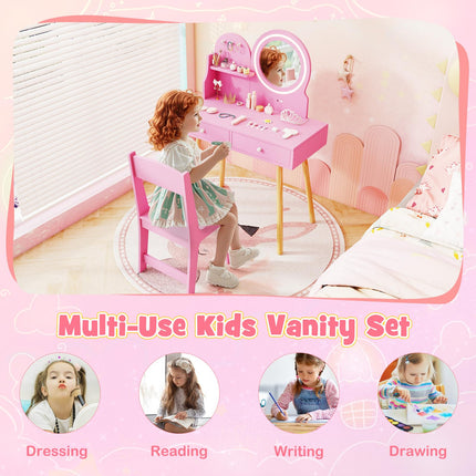 Costzon Kids Vanity, Girls Vanity Set with Mirror and Stool and Lights