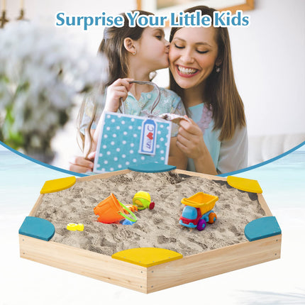 Costzon Kids Sandbox, Hexagon Large Cedar Wood Sand Pit w/ 6 Built-in Corner Seating