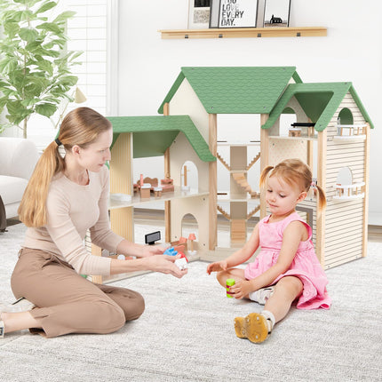 Costzon Wooden Dollhouse for Kids, 3-Story Luxury Doll House with 36 Pieces Furniture Accessories