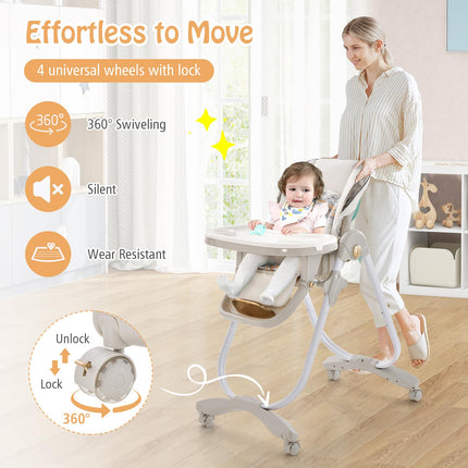 BABY JOY High Chair, Foldable Baby High Chair with Adjustable Height, Portable High Chair with Wheels