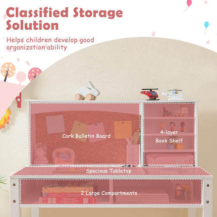 Costzon Kids Desk and Chair Set, Student Study Table with Chair, Hutch, Cork Bulletin Board, Storage Shelves