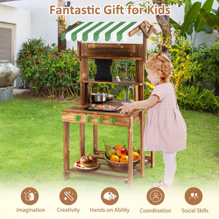 Double Sided Outdoor Play Kitchen and Barbecue Grill Playset with Canopy