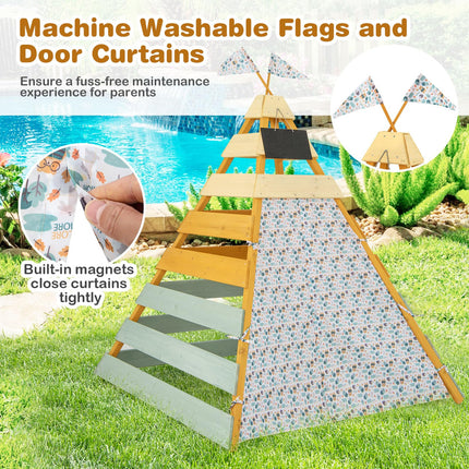 Costzon Kids Tent, Wooden Indoor Outdoor Triangle Hideaway Playhouse with Machine Washable Flags