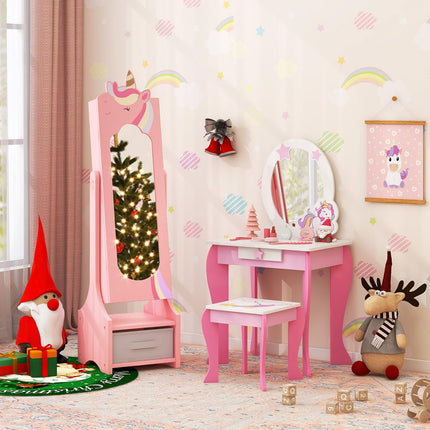 Costzon Kids Vanity & Jewelry Armoire Cabinet, Pretend Play Kids Vanity Table and Chair Set