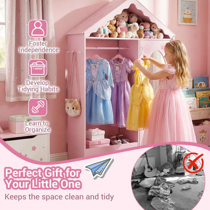 Costzon Kids Dress Up Storage with Mirror Roofed Wardrobe Closet