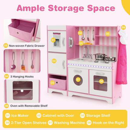Costzon Kids Kitchen Playset, Wooden Little Chef Pretend Play Kitchen with Deluxe LED Lights, Pink