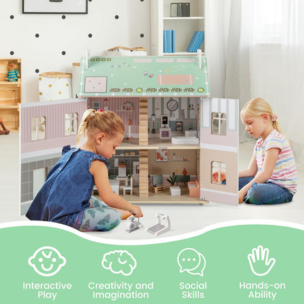 Costzon Wooden Dollhouse for Kids, 3-Level Dollhouse Playset with Double-Sided Roofs