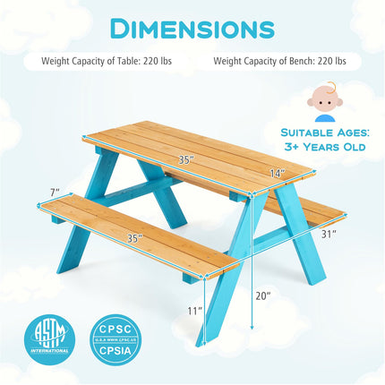Costzon Kids Picnic Table, Fir Wood Children’s Activity Table with Benches, Toddler Patio Furniture Set