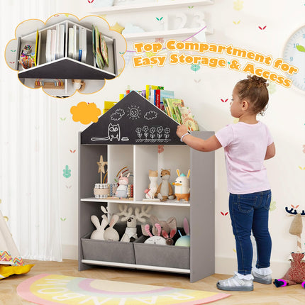Costzon Kids Bookshelf, Wooden Dollhouse Bookcase with Blackboard, Whiteboard