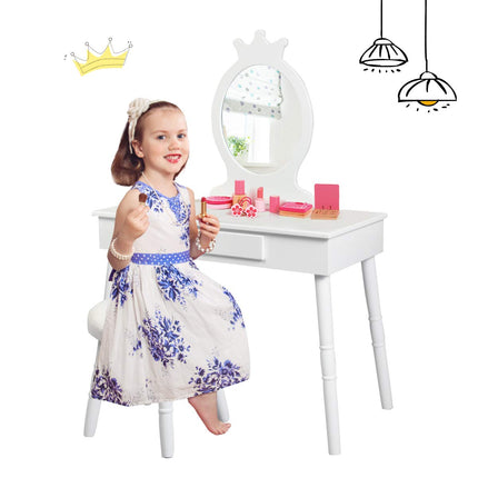 Costzon Kids Vanity Set, Wooden Princess Makeup Table with Cushioned Stool
