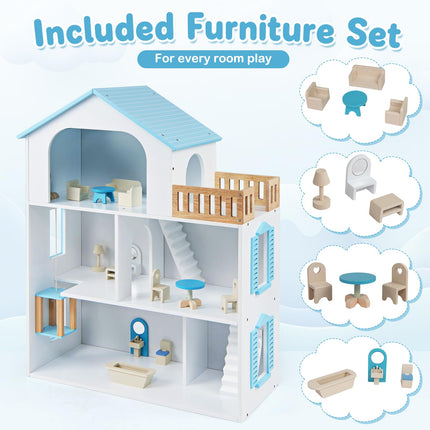 Costzon Wooden Dollhouse with 5 Rooms and Furniture Accessories