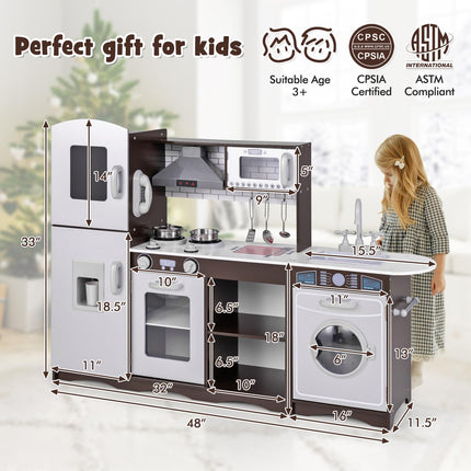 Costzon 2-Piece Play Kitchen for Kids, Wooden Toy Kitchen Set with Washing Machine, Kids Kitchen Playset with Sounds & Lights