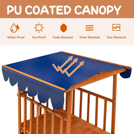 Costzon Kids Retractable Sandbox with Canopy, Wooden Cedar Cabana Playhouse w/Large Play Area