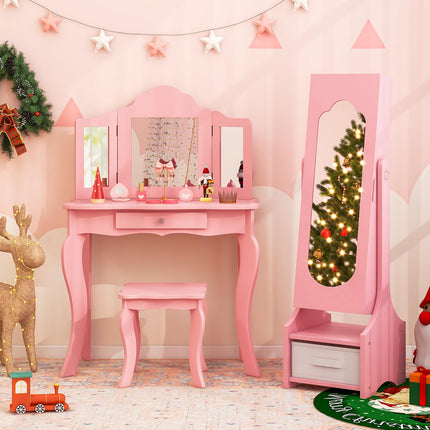 Costzon Kids Vanity & Jewelry Armoire Cabinet, Kids Vanity Table and Chair Set, Makeup Dressing Table