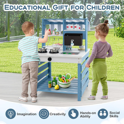 Costzon 2 in 1 Mud Kitchen, Double-sided Fir Wood Kids Kitchen Playset & Pretend Grocery Store with Stoves