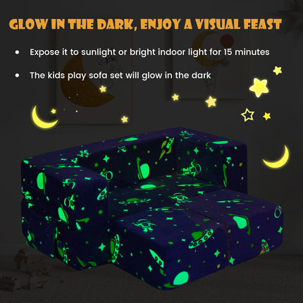 Costzon Convertible Toddler Couch, Glow in Dark, Fold Out Modular Sofa Playset with Ottomans