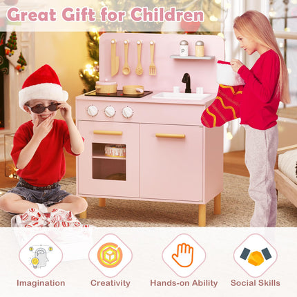 Costzon Kids Kitchen Playset, Wooden Pretend Play Kitchen with Lights and Sounds