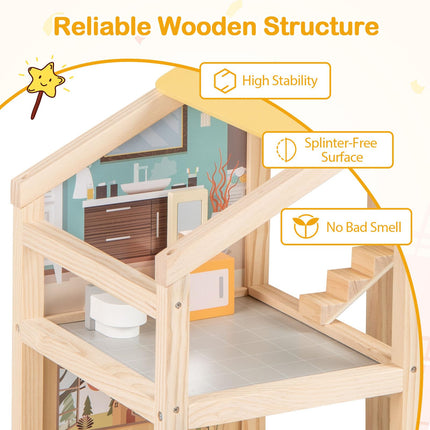 Costzon Wooden Dollhouse for Kids Modern Family Pretend Playhouse
