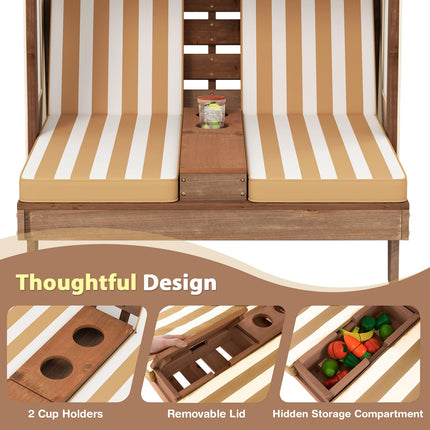 Costzon Kids Lounge Chair Outdoor, Wood Double Seat Chaise Lounge with Canopy, Cup Holders