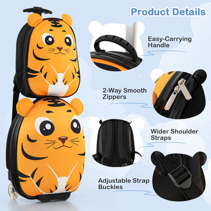 BABY JOY 2 Pcs Kids Luggage Set, 16" Kids Rolling Suitcase w/ 12" Backpack