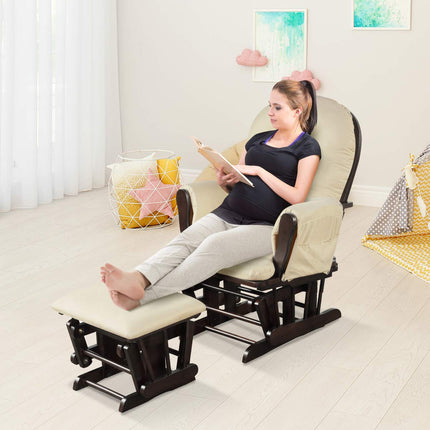 Costzon Nursery Glider with Ottoman, Upholstered Comfort Glider Rocker with Padded Cushion (Beige)
